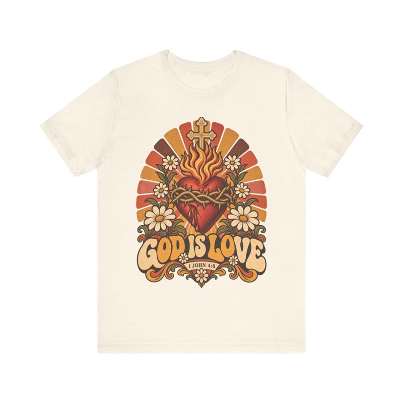 1 John 4:8 Shirt with retro Sacred Heart Bible Verse Tee