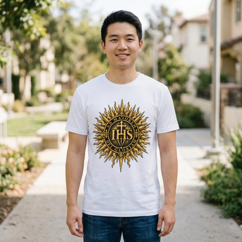 Model wearing the Ad Maiorem Dei Gloriam Shirt with aMDG IHS Sunburst Tee