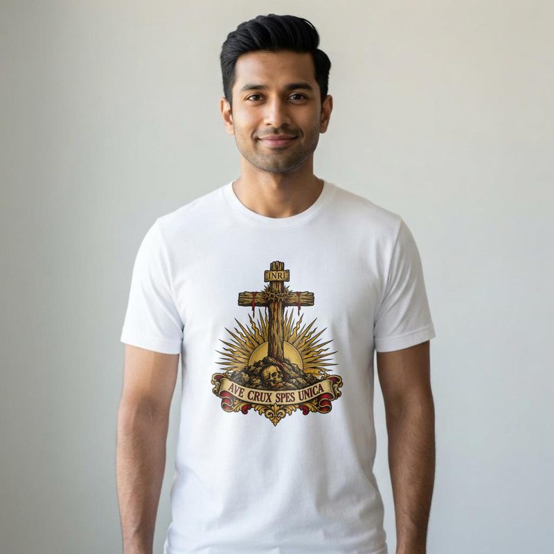 Model wearing the Ave Crux Spes Unica Shirt with hail the Cross Our Only Hope Tee