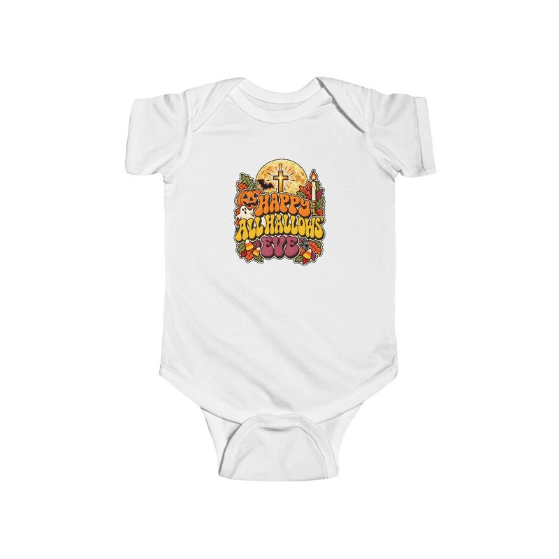 Baby Catholic Halloween Bodysuit with happy All Hallows Eve Retro Groovy Infant One Piece