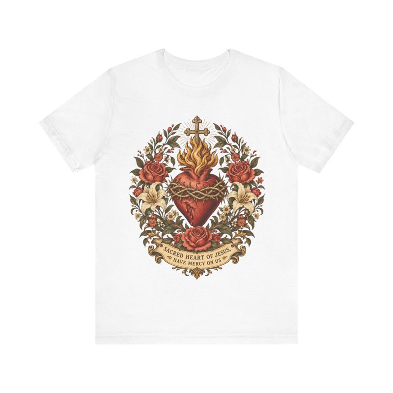Botanical Sacred Heart of Jesus Shirt with have Mercy on Us Floral Tee