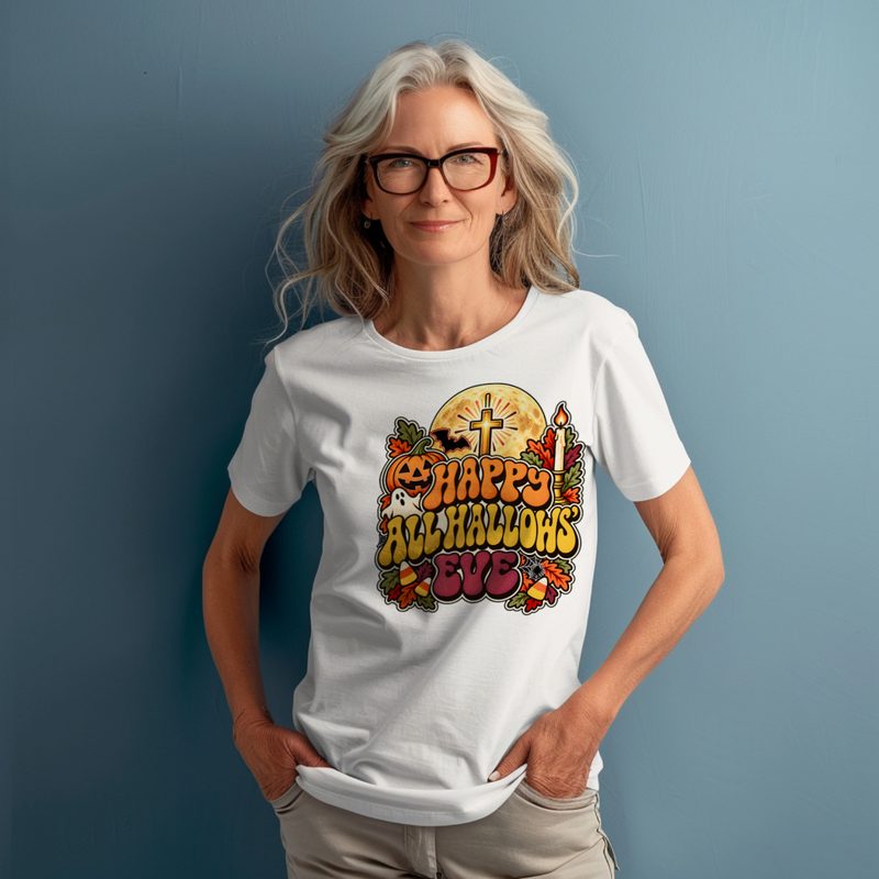Model wearing the Catholic Halloween Shirt with happy All Hallows Eve Retro Groovy Tee