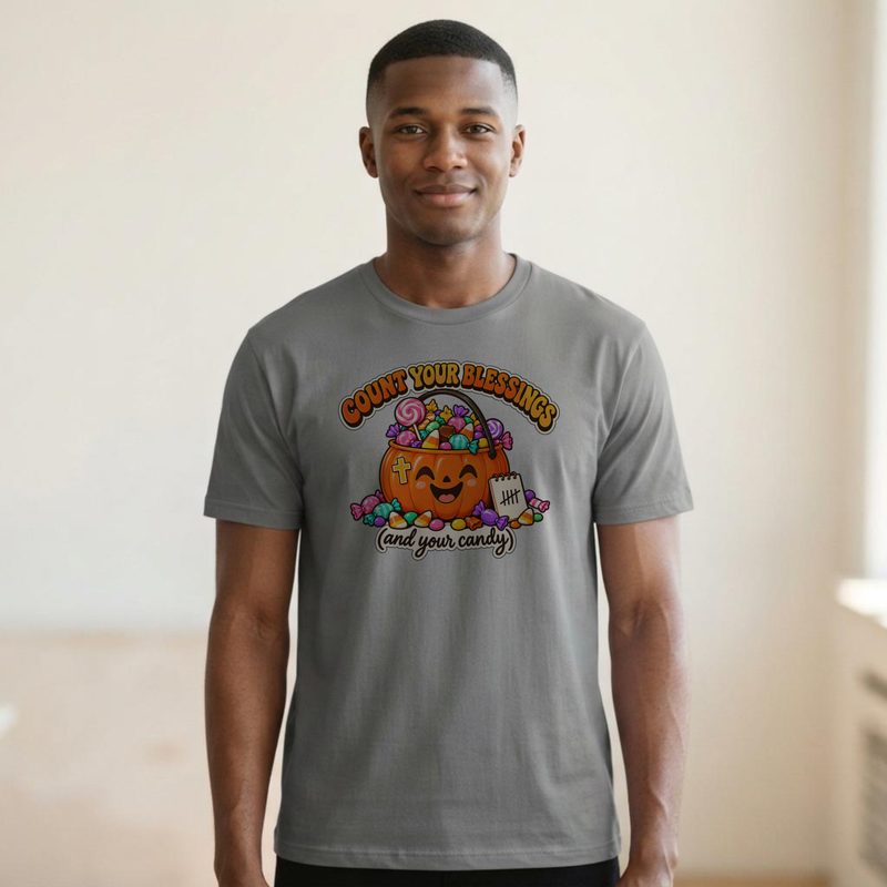 Model wearing the Count Your Blessings and Candy Shirt with funny Christian Halloween Tee