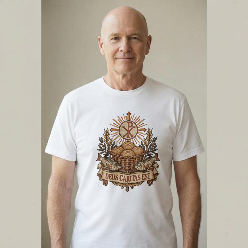 Model wearing the Deus Caritas Est Shirt with loaves and Fishes Mosaic Tee