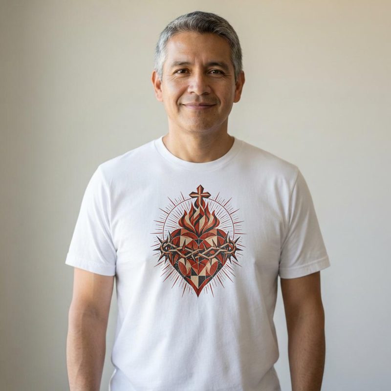 Model wearing the Geometric Sacred Heart of Jesus Shirt with modern Minimalist Cor Jesu Art