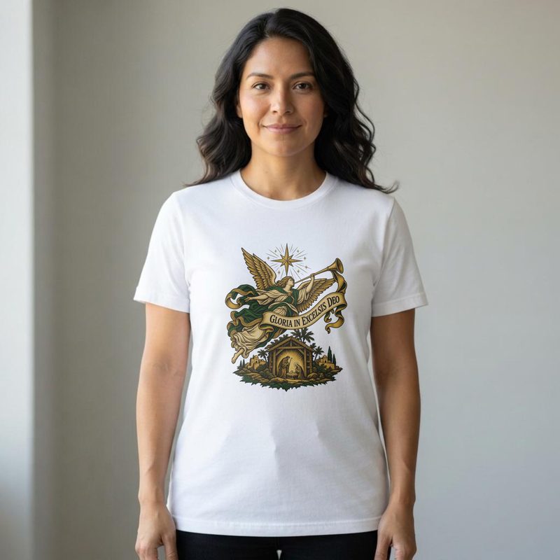 Model wearing the Gloria in Excelsis Deo Shirt with catholic Christmas Nativity Tee