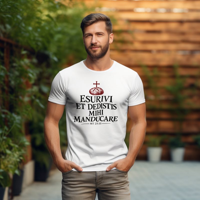 Model wearing the I Was Hungry and You Fed Me Shirt with matthew 25:35 Latin Bible Verse Tee