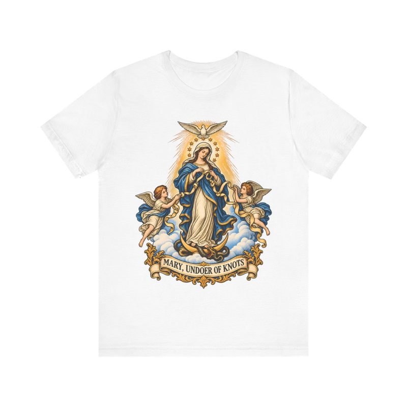 Mary Undoer of Knots Shirt with blessed Virgin Untying the Ribbon Tee
