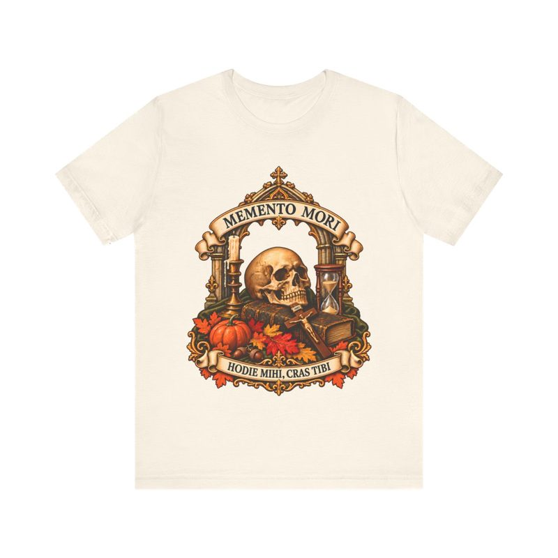 Memento Mori Tee with hodie Mihi Cras Tibi Vintage Skull and Crucifix