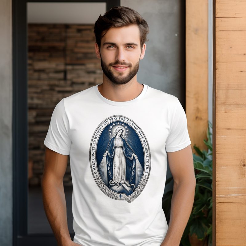 Model wearing the Miraculous Medal Shirt with o Mary Conceived Without Sin