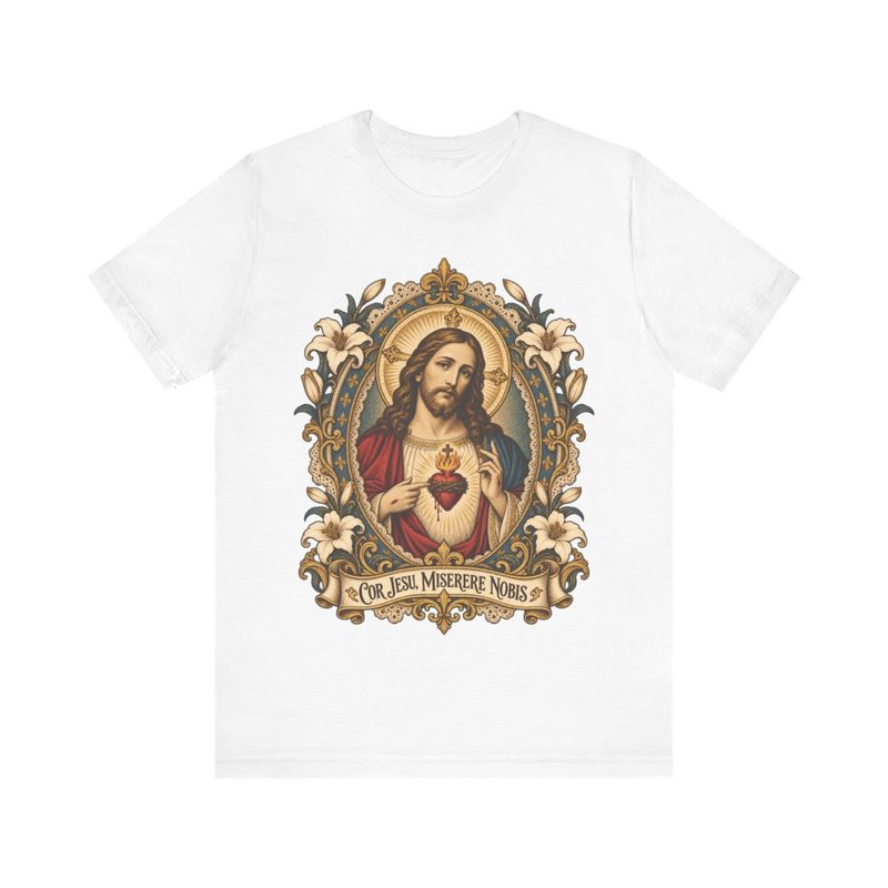 Sacred Heart of Jesus Portrait Shirt with cor Jesu Miserere Nobis Holy Card Tee