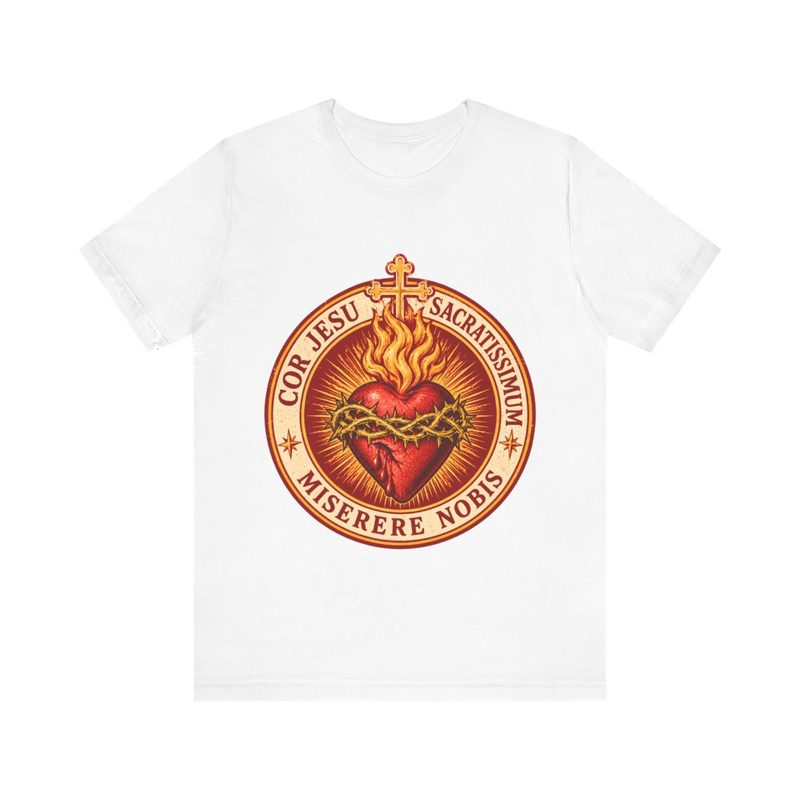 Sacred Heart of Jesus Shirt with cor Jesu Sacratissimum Badge Tee