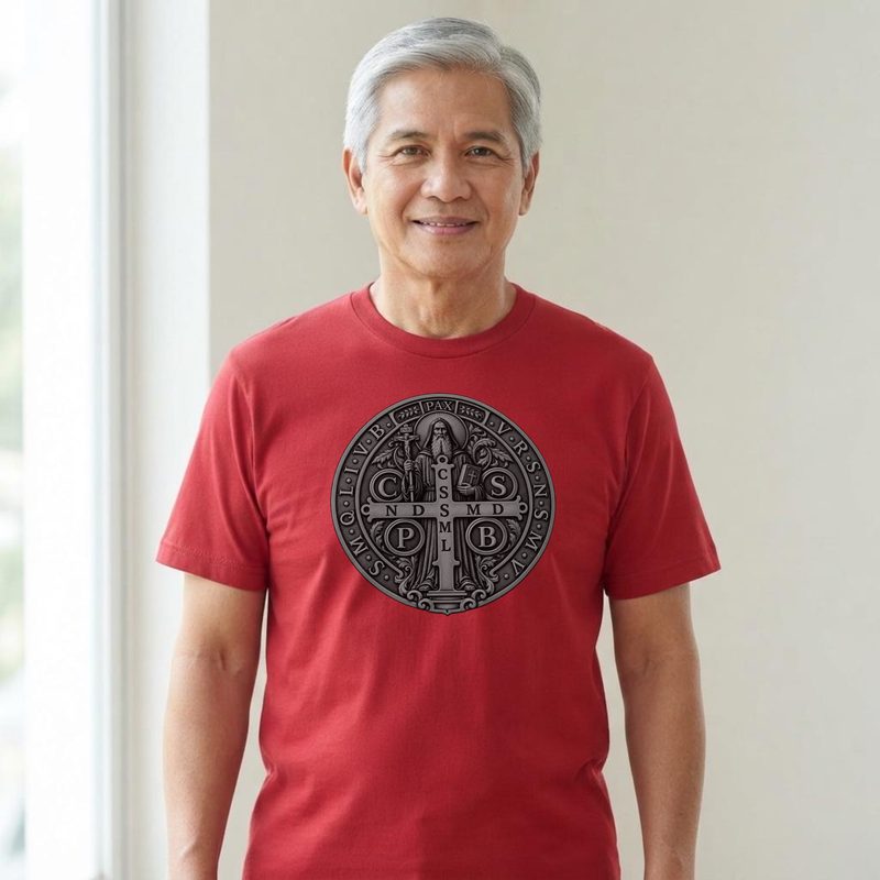 Model wearing the Silver St Benedict Medal Shirt with engraved Monk Holding Crucifix Tee