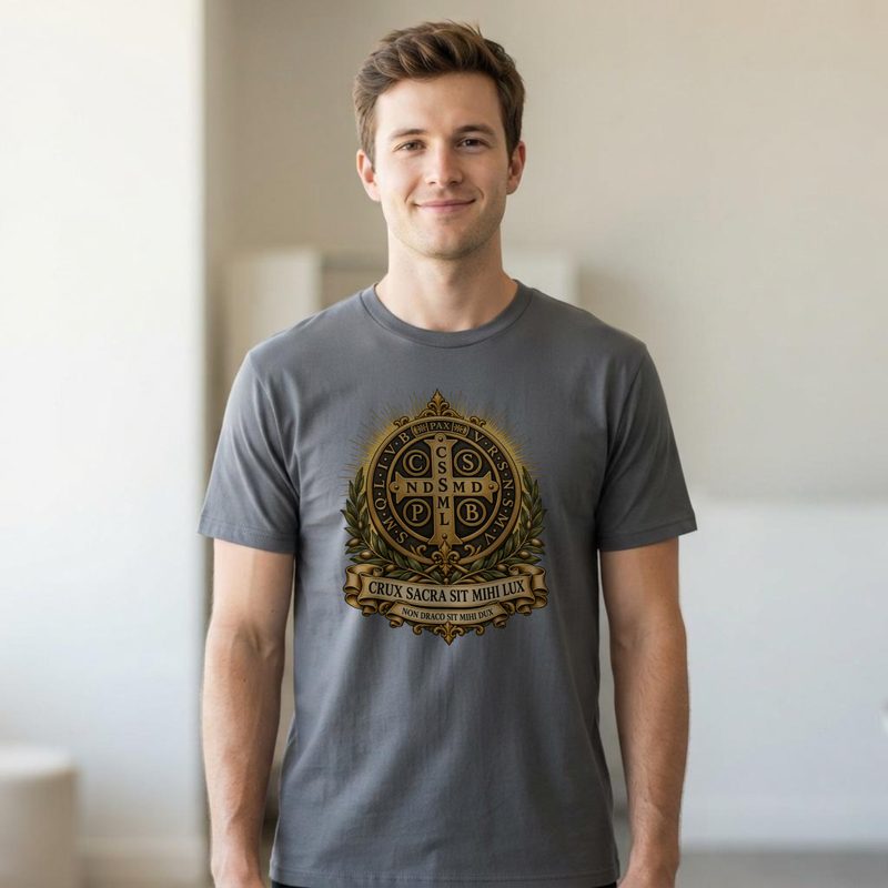 Model wearing the St Benedict Medal Shirt with crux Sacra Sit Mihi Lux Tee