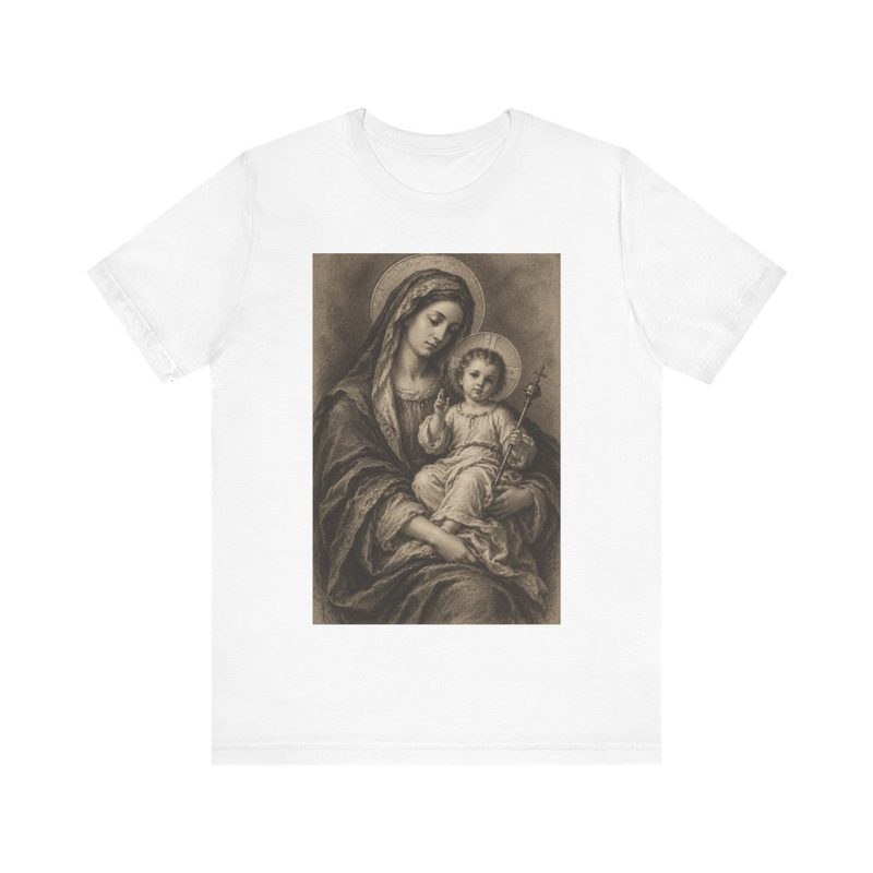 Virgin Mary Shirt with madonna and Child Charcoal Sketch