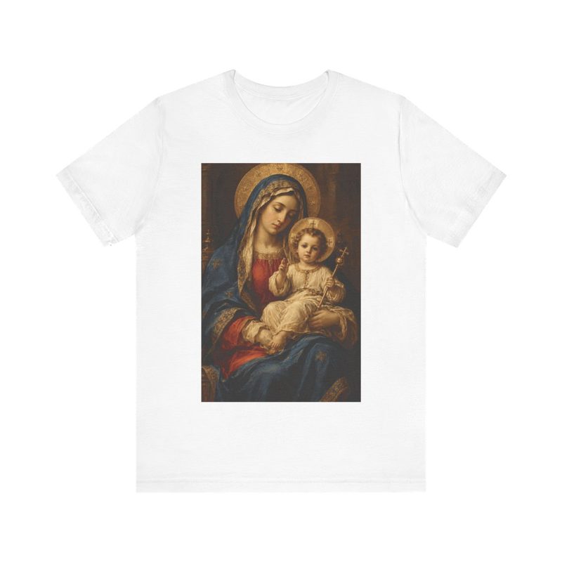 Virgin Mary Shirt with enthroned Madonna and Child Old Master Painting